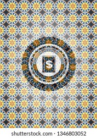 book with money symbol inside icon inside arabesque style badge. arabic decoration.