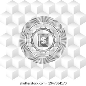 book with money symbol inside icon inside realistic grey emblem with cube white background