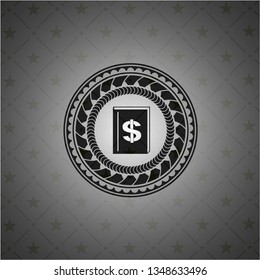 book with money symbol inside icon inside black emblem