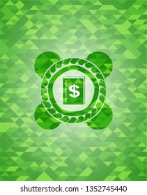 book with money symbol inside icon inside green emblem with mosaic ecological style background