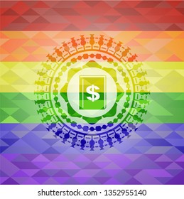 book with money symbol inside icon on mosaic background with the colors of the LGBT flag