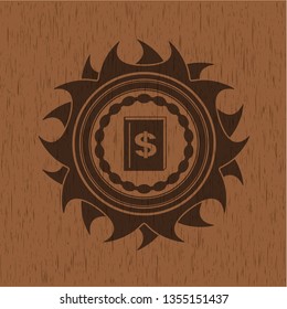 book with money symbol inside icon inside retro wooden emblem