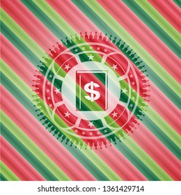 book with money symbol inside icon inside christmas colors emblem.