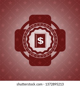 book with money symbol inside icon inside red emblem. Retro