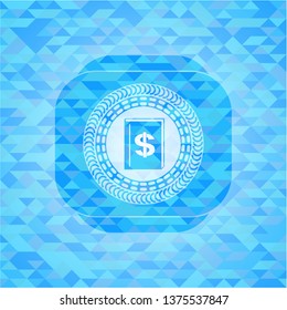 book with money symbol inside icon inside light blue emblem with triangle mosaic background