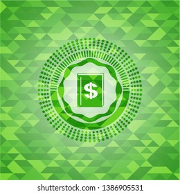 book with money symbol inside icon inside realistic green mosaic emblem