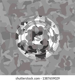 book with money symbol inside icon on grey camouflaged pattern