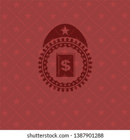 book with money symbol inside icon inside red emblem. Retro