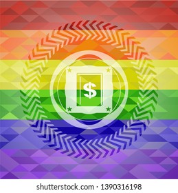 book with money symbol inside icon on mosaic background with the colors of the LGBT flag