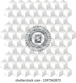 book with money symbol inside icon inside grey icon or emblem with geometric cube white background