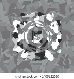 book with money symbol inside icon on grey camo pattern