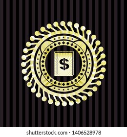 book with money symbol inside icon inside gold shiny badge