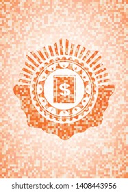 book with money symbol inside icon inside abstract emblem, orange mosaic background