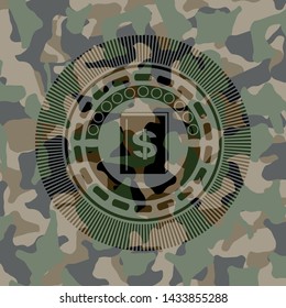book with money symbol inside icon inside camo emblem