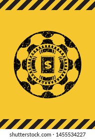 book with money symbol inside icon grunge black emblem with yellow background, warning sign. Vector Illustration. Detailed.
