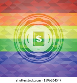 book with money symbol inside icon inside emblem on mosaic background with the colors of the LGBT flag