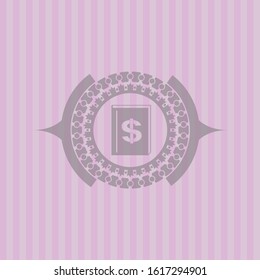 book with money symbol inside icon inside pink emblem