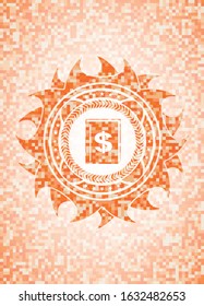 book with money symbol inside icon inside orange mosaic emblem