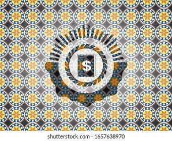 book with money symbol inside icon inside arabic style badge. Arabesque decoration.