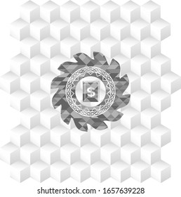 book with money symbol inside icon inside grey badge with geometric cube white background