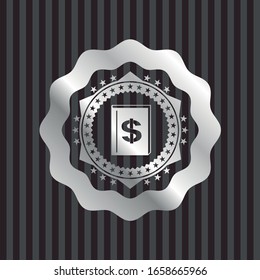 book with money symbol inside icon inside silvery badge or emblem