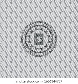 book with money symbol inside icon inside silver shiny emblem. Scales pattern. Vector Illustration. Detailed.