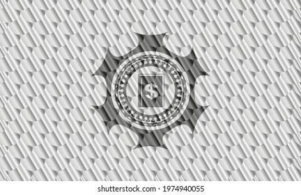 book with money symbol inside icon inside silver shiny badge. Scales pattern. Vector Illustration. Detailed. 