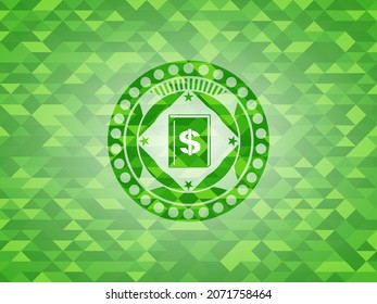 book with money symbol inside icon inside green emblem with mosaic ecological style background. 