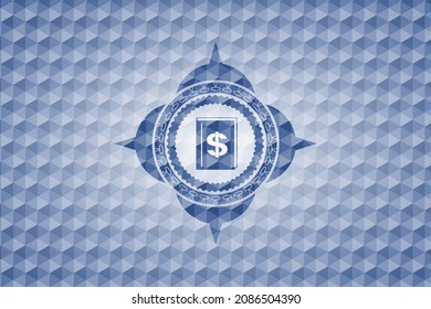 book with money symbol inside icon inside blue badge with geometric background. 