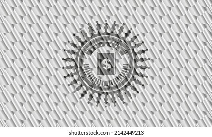 book with money symbol inside icon inside silver color badge or emblem. Scales pattern. Vector Illustration. Detailed. 