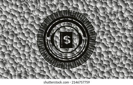 book with money symbol inside icon inside dark icon or emblem with grey bubbles background. Vector Illustration. Detailed. 