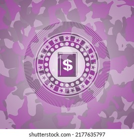book with money symbol inside icon on pink and purple camo texture. 