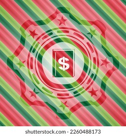 book with money symbol inside icon inside christmas style emblem. 