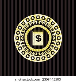 book with money symbol inside icon inside shiny emblem. 