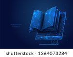 Book and monitor. Low poly wireframe online education blue background or concept with opened book. Digital Vector illustration. Online reading or courses. Abstract polygonal image of notebook on pc.