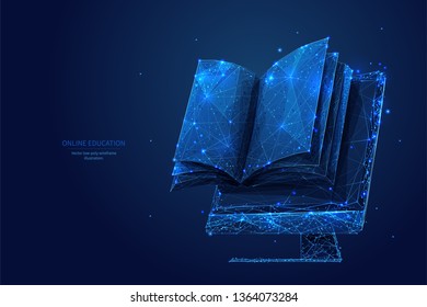 Book and monitor. Low poly wireframe online education blue background or concept with opened book. Digital Vector illustration. Online reading or courses. Abstract polygonal image of notebook on pc.