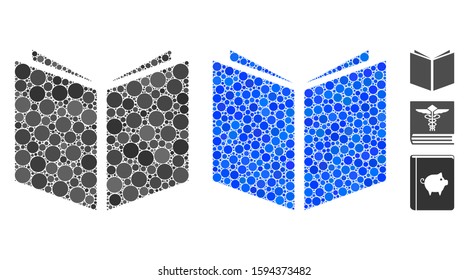 Book mosaic of filled circles in various sizes and color tints, based on book icon. Vector filled circles are united into blue mosaic. Dotted book icon in usual and blue versions.