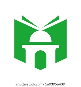 Elementos de plantilla de diseño del logotipo del libro y de la mezquita, símbolo de educación islámica, icono de aprendizaje del musulmán