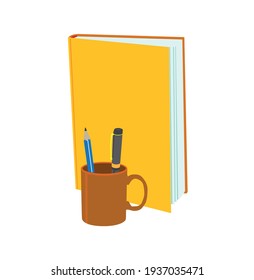 Book, mug and pen, vector illustration, white background 