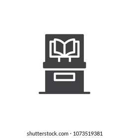 Book in museum glass showcase vector icon. filled flat sign for mobile concept and web design. Ancient book exhibit simple solid icon. Symbol, logo illustration. Pixel perfect vector graphics