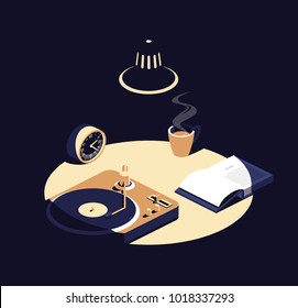 Book , music and coffee after midnight isometric illustration