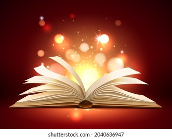 Book mystic light. Realistic opened magic pages