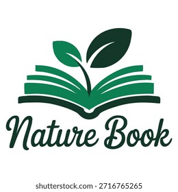 Book nature vector logo template featuring green leaf symbol suitable for environmental guide eco study education and natural inspired branding identity