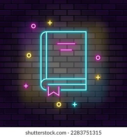 Book neon icon. Education neon icon on dark brick wall background