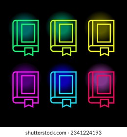 Book neon icons. Textbook silhouette in bright colors. Glowing neon book sign. Set of vector icons. Pictogram for user interface