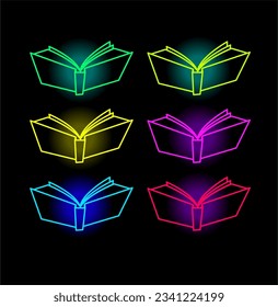 Book neon icons. Textbook silhouette in bright colors. Glowing neon book sign. Set of vector icons. Pictogram for user interface