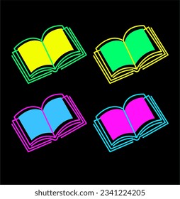 Book neon icons. Textbook silhouette in bright colors. Glowing neon book sign. Set of vector icons. Pictogram for user interface