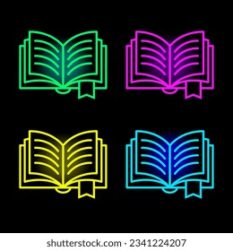 Book neon icons. Textbook silhouette in bright colors. Glowing neon book sign. Set of vector icons. Pictogram for user interface