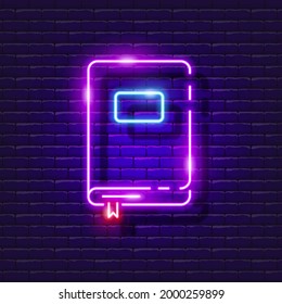 Book neon sign. Library glowing icon. Vector illustration for design. Learning concept.