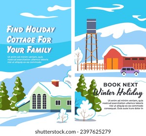Book nest winter holiday, find cottage for your family. House or residence for resting on vacation, seasonal accommodation on weekends. Website landing page, internet site template. Vector in flat 